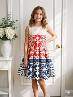 Girls Ornamental Fit & Flare Red, White & Navy Dress – Junior L